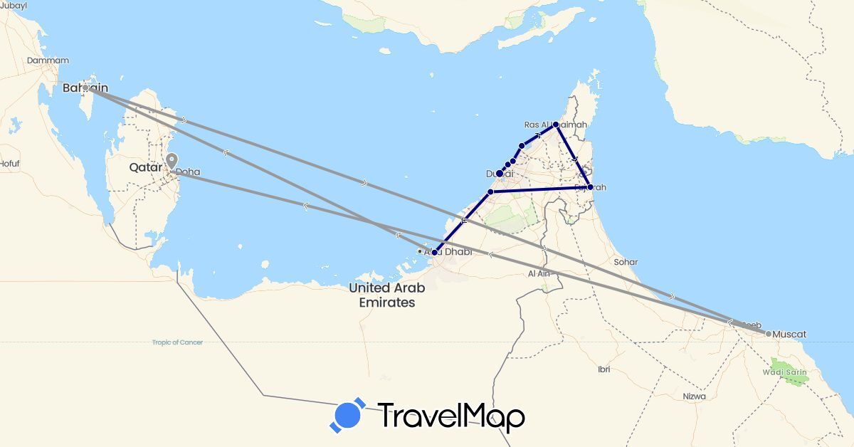 TravelMap itinerary: driving, plane in United Arab Emirates, Bahrain, Oman, Qatar (Asia)